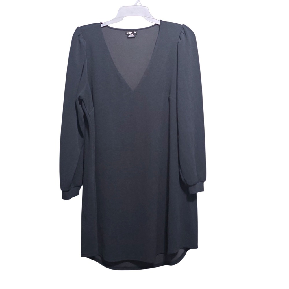 City Chic Black V-Neck Puff Sleeve‎ Shift Black Gray Dress Plus Size M 18
